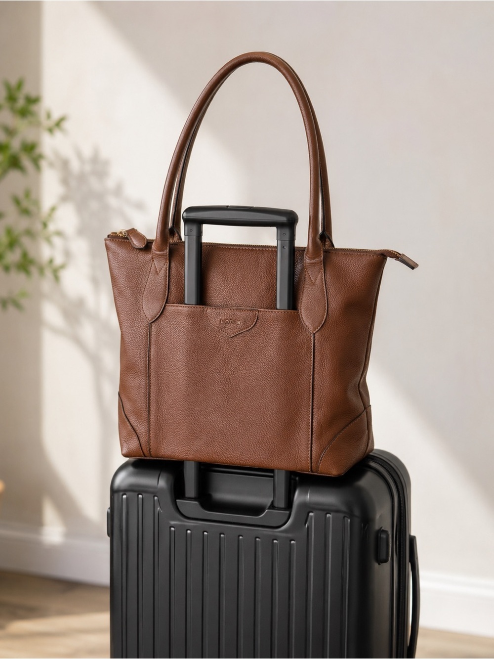 Lodis Sierra Pebbled Leather Brown Shoulder Tote Bag Trolley Slot Travel